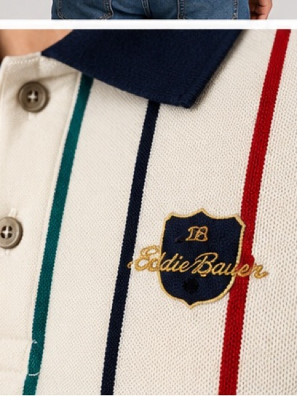 Vintage Eddie Bauer White Polo with Navy Collar and Red, Teal, and Black Stripes - Picture 4 of 8